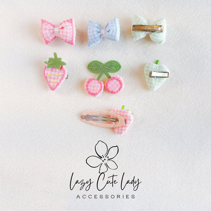 Adorable 1.5-Inch Fabric Bow and Strawberry Hair Clip Set - Pink and Blue Options