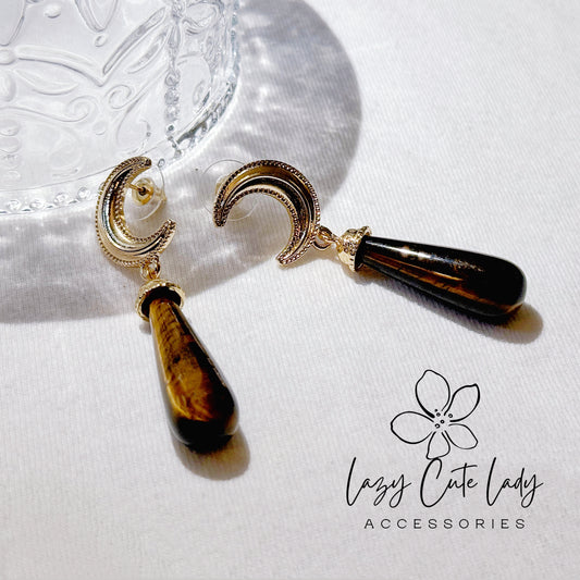 Lazy Cute Lady Accessories-Vintage Elegance: Tiger's Eye Drop Earrings with Metal MoonCute earring- stone accessory- stone earrings-Gift - for girl for women