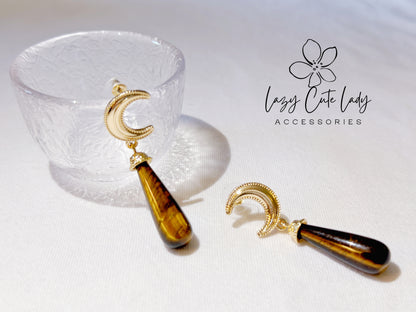 Lazy Cute Lady Accessories-Vintage Elegance: Tiger's Eye Drop Earrings with Metal MoonCute earring- stone accessory- stone earrings-Gift - for girl for women