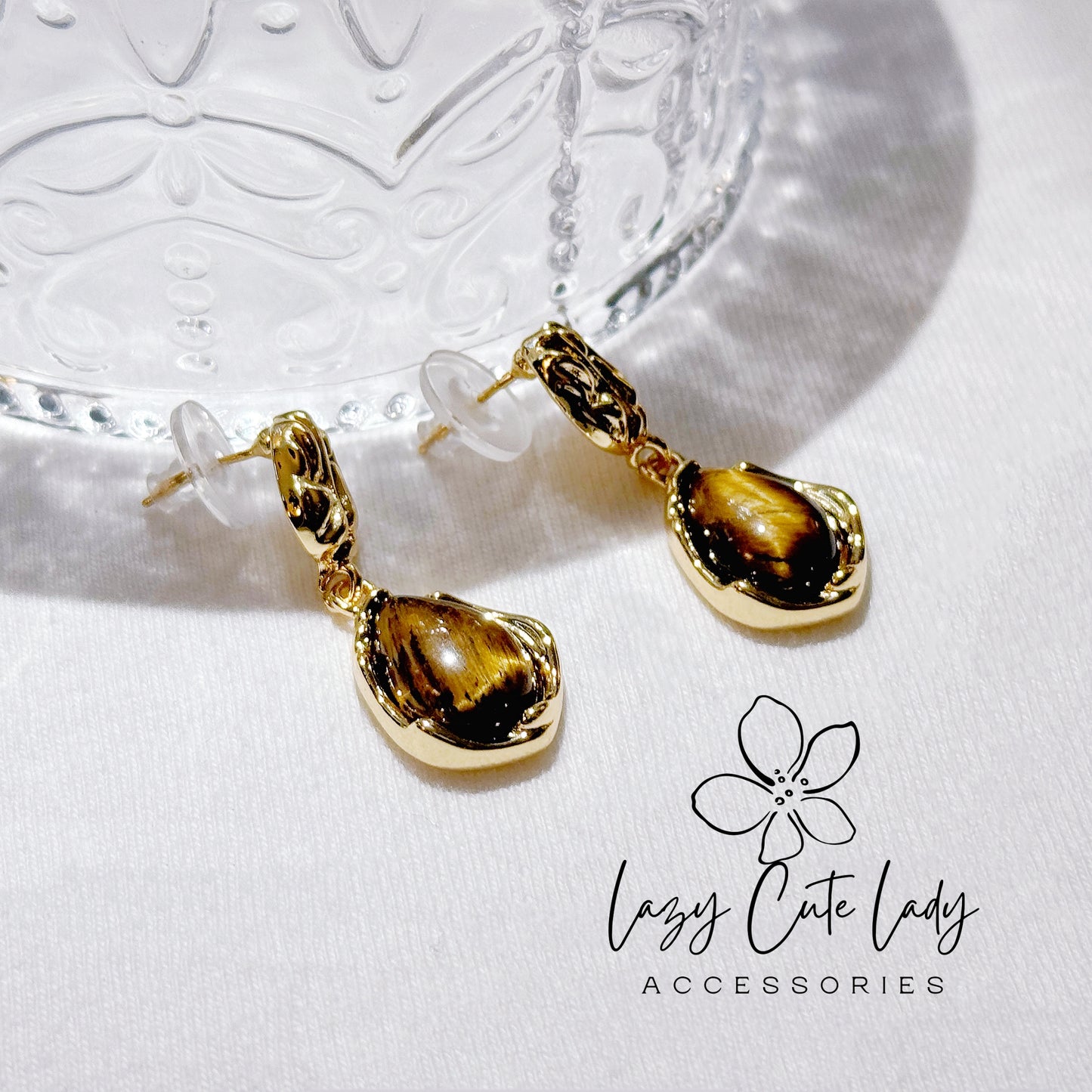 Lazy Cute Lady Accessories-Vintage Elegance: Tiger's Eye Drop Earrings- stone accessory- stone earrings- gift