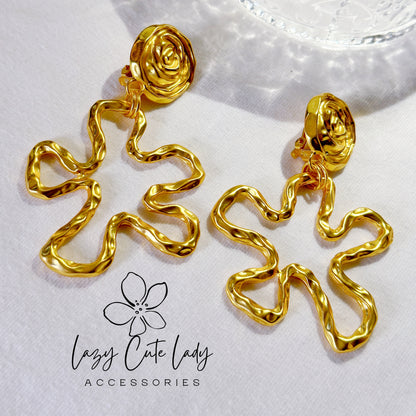 Bold Blossom: Metallic Gold Flower Earrings