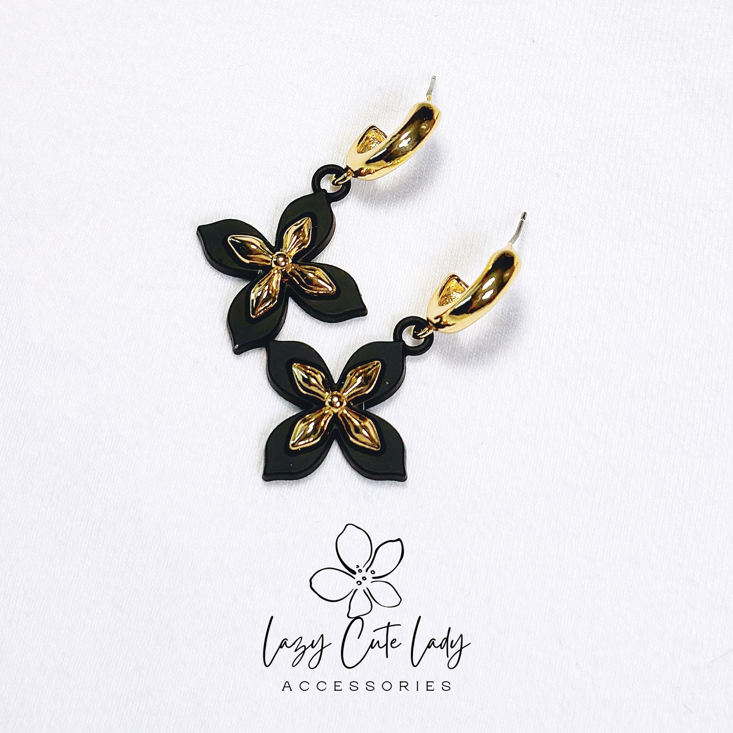 Lazy Cute Lady Accessories-Elegant Bloom: Black and Gold Cross Flower Earrings - Gift - for girl for women