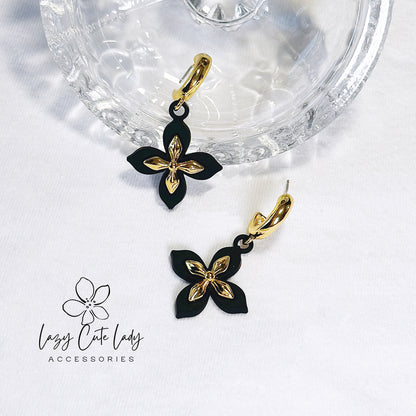 Lazy Cute Lady Accessories-Elegant Bloom: Black and Gold Cross Flower Earrings - Gift - for girl for women