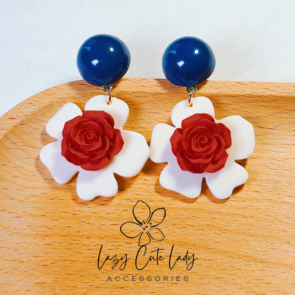 Lazy Cute Lady Accessories-Vintage Blossom: Handcrafted White Flower and Red Rose Earrings-Gift - for girl for women