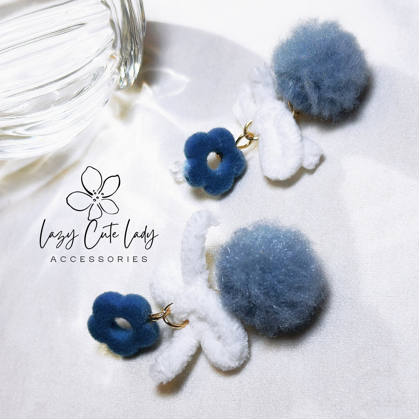 Fresh Breeze: Blue Felt Ball and Flower Bow Earrings