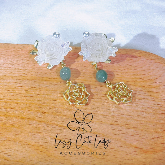 Lazy Cute Lady Accessories-Jade Rose Symphony: Quartz, Metal, and Jade Floral Earrings with Butterfly and Pearl Accents Cute Earrings- Gift - for girl for women