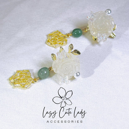 Lazy Cute Lady Accessories-Jade Rose Symphony: Quartz, Metal, and Jade Floral Earrings with Butterfly and Pearl Accents Cute Earrings- Gift - for girl for women