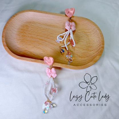 Pink Love Delight: Handcrafted Heart and Bow Earrings with Creative Bead Accents