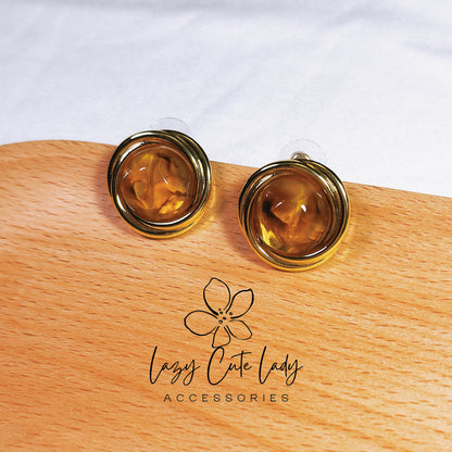Lazy Cute Lady Accessories-Vintage Elegance: Round Tiger's Eye and Metal Stud Earrings-gemstone earrings- Gift - for girl for women