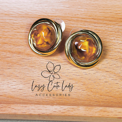 Lazy Cute Lady Accessories-Vintage Elegance: Round Tiger's Eye and Metal Stud Earrings-gemstone earrings- Gift - for girl for women