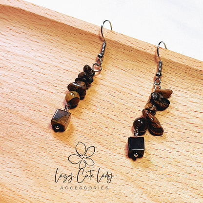 Lazy Cute Lady Accessories-Natural Elegance: Tiger's Eye Cube Drop Earrings-Natural stone jewelry-Metal allergy-friendly earrings Fashion Earrings- Gift - for girl for women