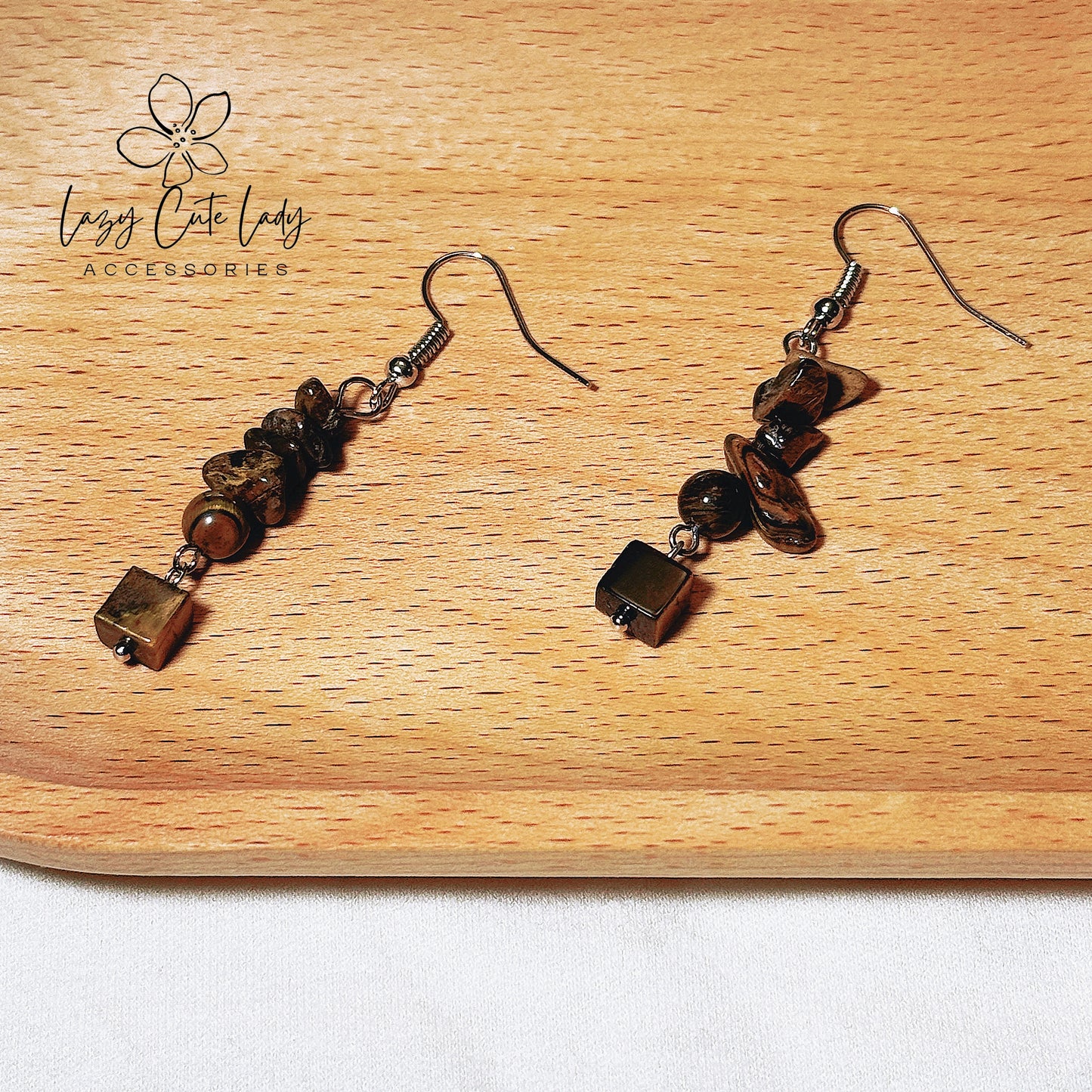 Lazy Cute Lady Accessories-Natural Elegance: Tiger's Eye Cube Drop Earrings-Natural stone jewelry-Metal allergy-friendly earrings Fashion Earrings- Gift - for girl for women