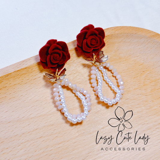 Lazy Cute Lady Accessories-Velvet Rose and Butterfly Drop Earrings-Metal allergy-friendly earrings -Fashion Earrings- Gift - for girl for women