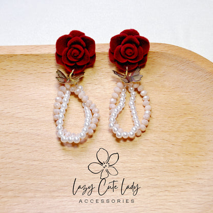 Lazy Cute Lady Accessories-Velvet Rose and Butterfly Drop Earrings-Metal allergy-friendly earrings -Fashion Earrings- Gift - for girl for women