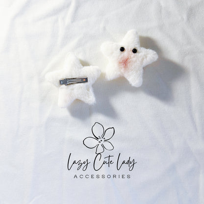 Fluffy Starfish Hair Clips – Soft Plush Hair Accessories with Cute Blushing Face for Kawaii Looks
