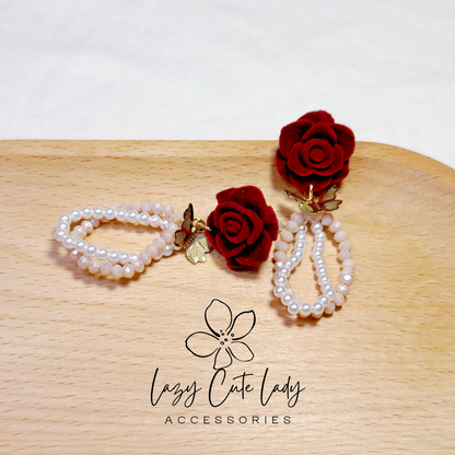 Lazy Cute Lady Accessories-Velvet Rose and Butterfly Drop Earrings-Metal allergy-friendly earrings -Fashion Earrings- Gift - for girl for women