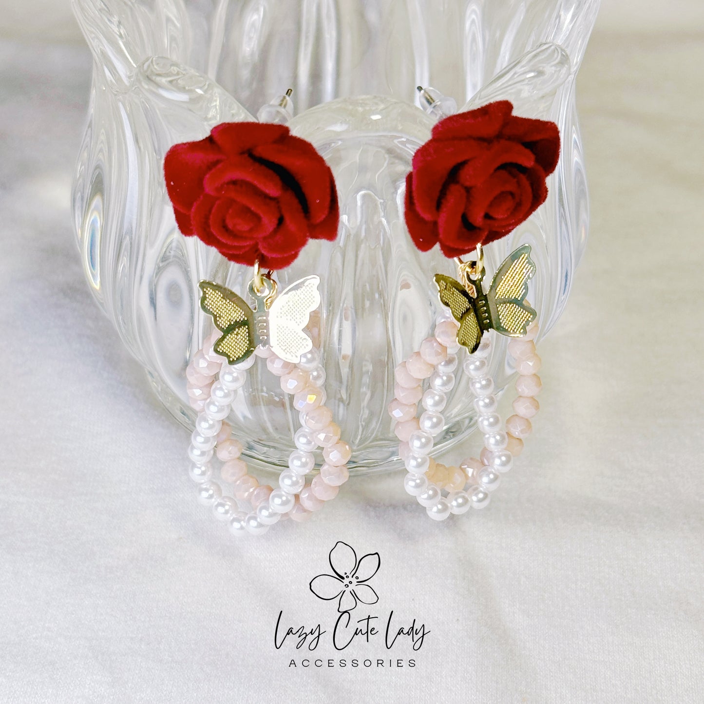 Lazy Cute Lady Accessories-Velvet Rose and Butterfly Drop Earrings-Metal allergy-friendly earrings -Fashion Earrings- Gift - for girl for women