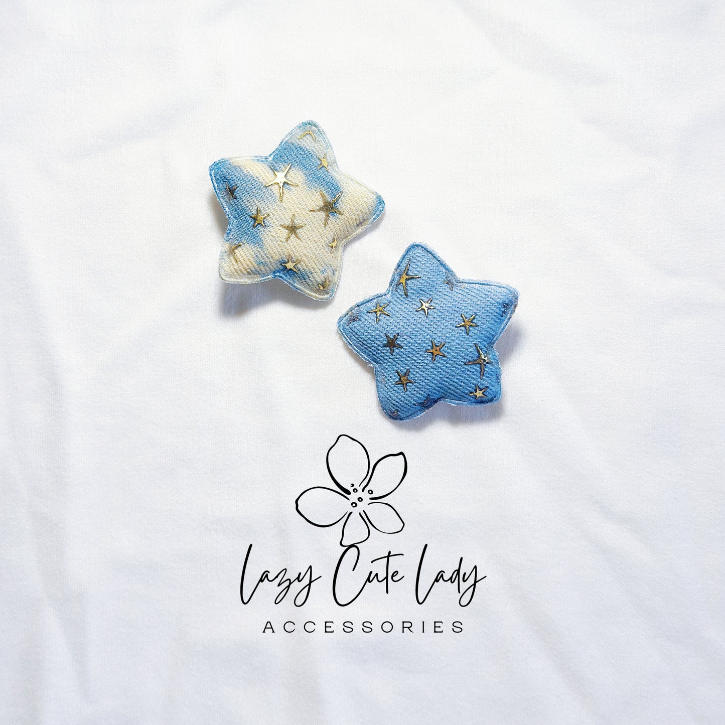 Galaxy Star Hair Clips – Denim and Tie-Dye Fabric Stars with Gold Foil Details