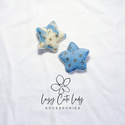 Galaxy Star Hair Clips – Denim and Tie-Dye Fabric Stars with Gold Foil Details