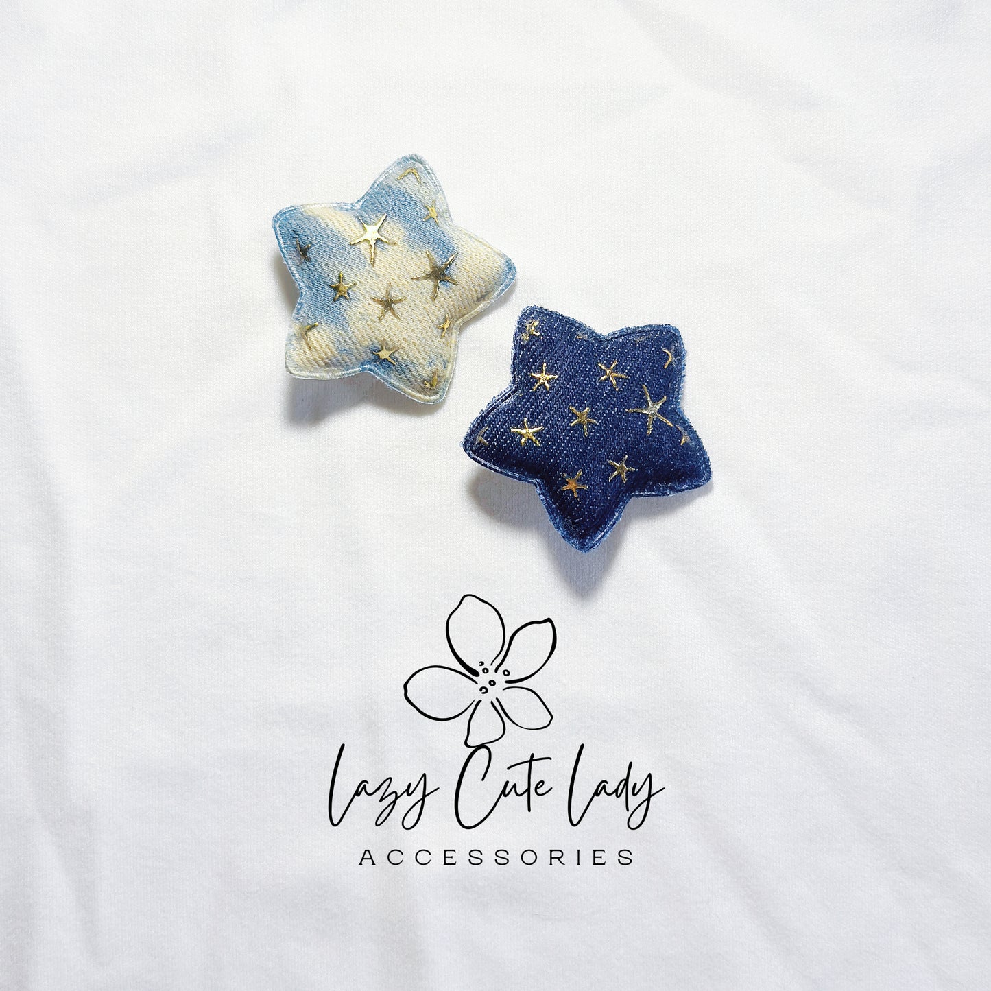 Galaxy Star Hair Clips – Denim and Tie-Dye Fabric Stars with Gold Foil Details