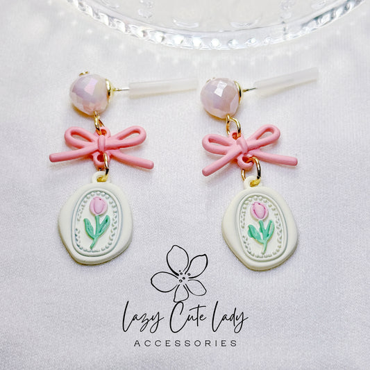 Lazy Cute Lady Accessories-Handcrafted Creamy Pink Tulip and Bow Earrings-Cute Earrings- Gift - for girl for women