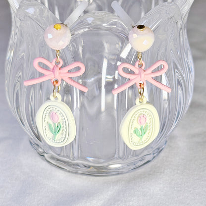 Lazy Cute Lady Accessories-Handcrafted Creamy Pink Tulip and Bow Earrings-Cute Earrings- Gift - for girl for women