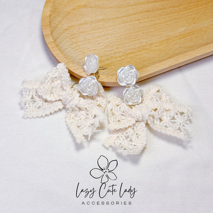 Lazy Cute Lady Accessories-Creamy White Fabric Sweet Butterfly Bow and 3D Creamy Rose Earrings-Drop Earrings-Metal allergy-friendly earrings -Fashion Earrings- Gift - for girl for women
