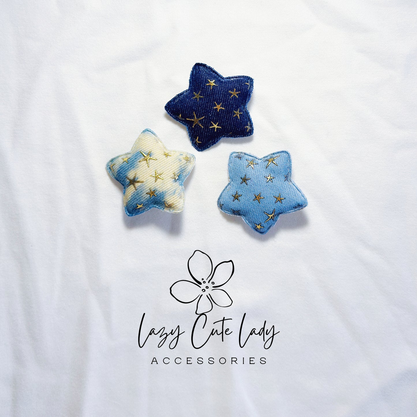 Galaxy Star Hair Clips – Denim and Tie-Dye Fabric Stars with Gold Foil Details