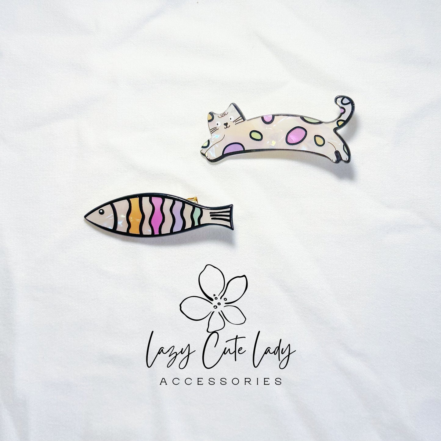 Cat & Fish Acrylic Hair Clips – Lazy Cat  Rainbow Fish Barrettes | 2 Styles- Cute hairClips- Gift for Her