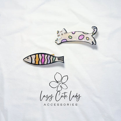 Cat & Fish Acrylic Hair Clips – Lazy Cat  Rainbow Fish Barrettes | 2 Styles- Cute hairClips- Gift for Her