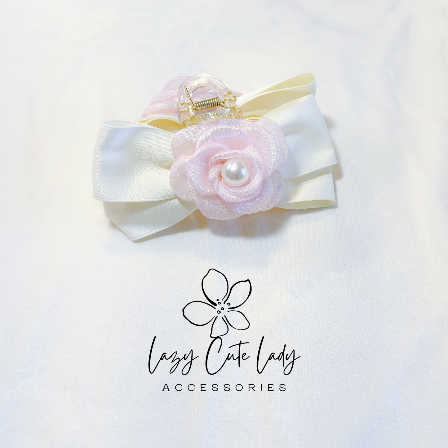 Elegant Floral Bow Hair Claw – Satin Ribbon with Pearl-Centered Camellia | Pastel Rose Hair Clip for Girls & Women