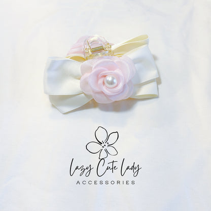 Elegant Floral Bow Hair Claw – Satin Ribbon with Pearl-Centered Camellia | Pastel Rose Hair Clip for Girls & Women