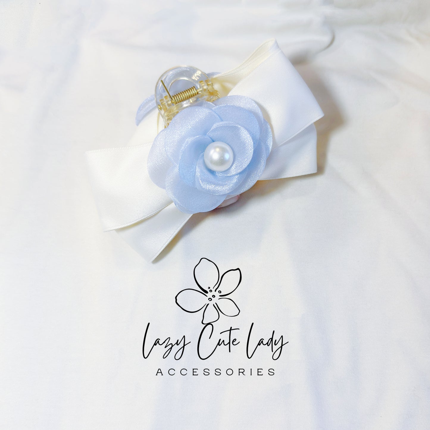 Elegant Floral Bow Hair Claw – Satin Ribbon with Pearl-Centered Camellia | Pastel Rose Hair Clip for Girls & Women