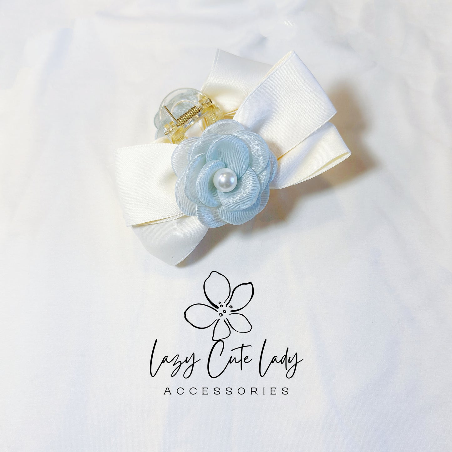 Elegant Floral Bow Hair Claw – Satin Ribbon with Pearl-Centered Camellia | Pastel Rose Hair Clip for Girls & Women