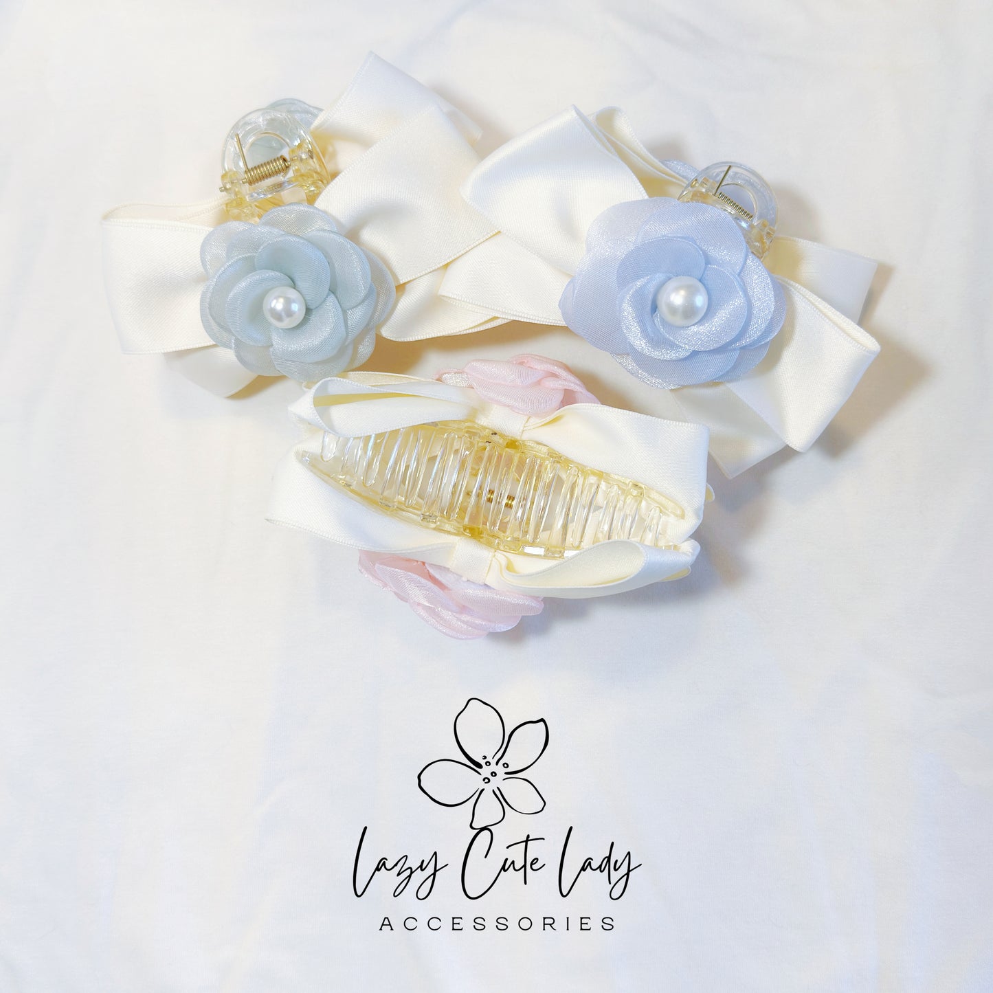 Elegant Floral Bow Hair Claw – Satin Ribbon with Pearl-Centered Camellia | Pastel Rose Hair Clip for Girls & Women