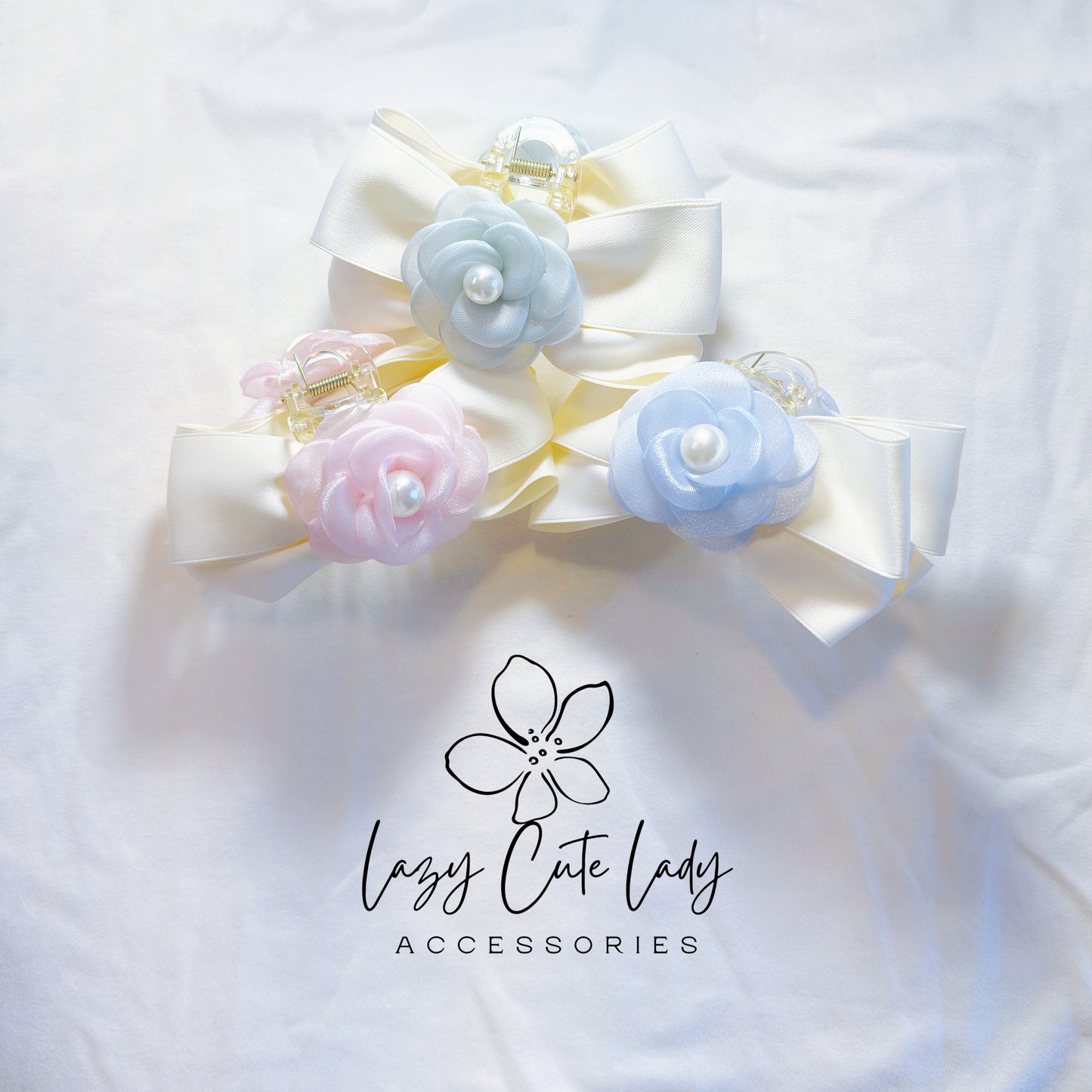 Elegant Floral Bow Hair Claw – Satin Ribbon with Pearl-Centered Camellia | Pastel Rose Hair Clip for Girls & Women