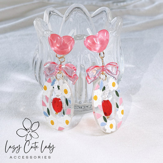 Elegant Floral Wreath Earrings with Pink Hearts and Bows