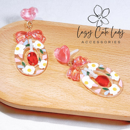 Elegant Floral Wreath Earrings with Pink Hearts and Bows