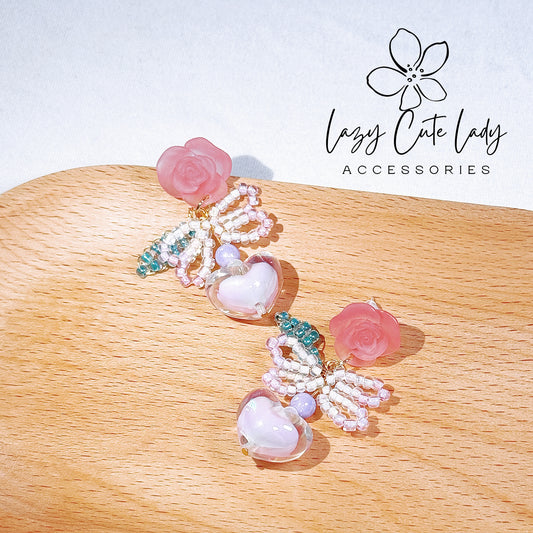 Elegant Matte Rose and Bead Butterfly Bow Earrings with Pink