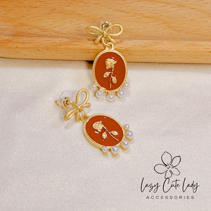 Lazy Cute Lady Accessories-Vintage Gold Bow and Oil Painting Red Rose Earrings-Metal allergy-friendly earring-Fashion Earring-Gift-for girl for women