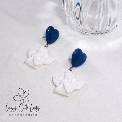 Exquisite Navy Blue Heart and White Angel Earrings
