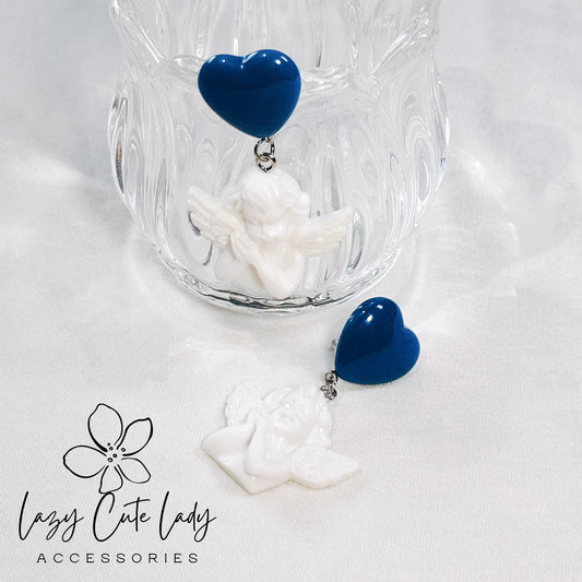Exquisite Navy Blue Heart and White Angel Earrings