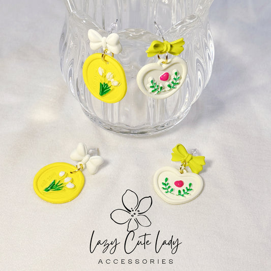 Adorable Bow and Flower-themed Earrings in White Tulip and Yellow Leaf Variants