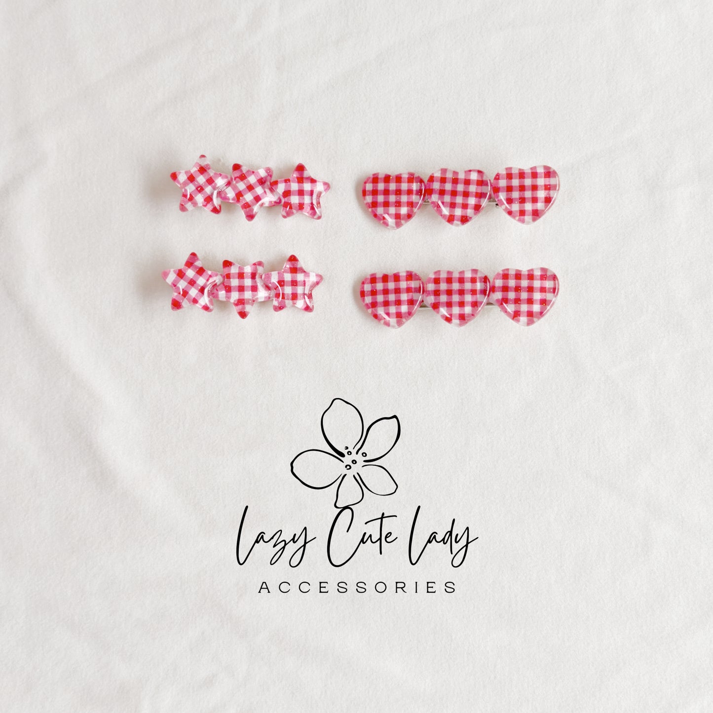 Red Gingham Star & Heart Hair Clips – Cute Retro Checkered Barrettes for Girls and Women-Gift-Y2K