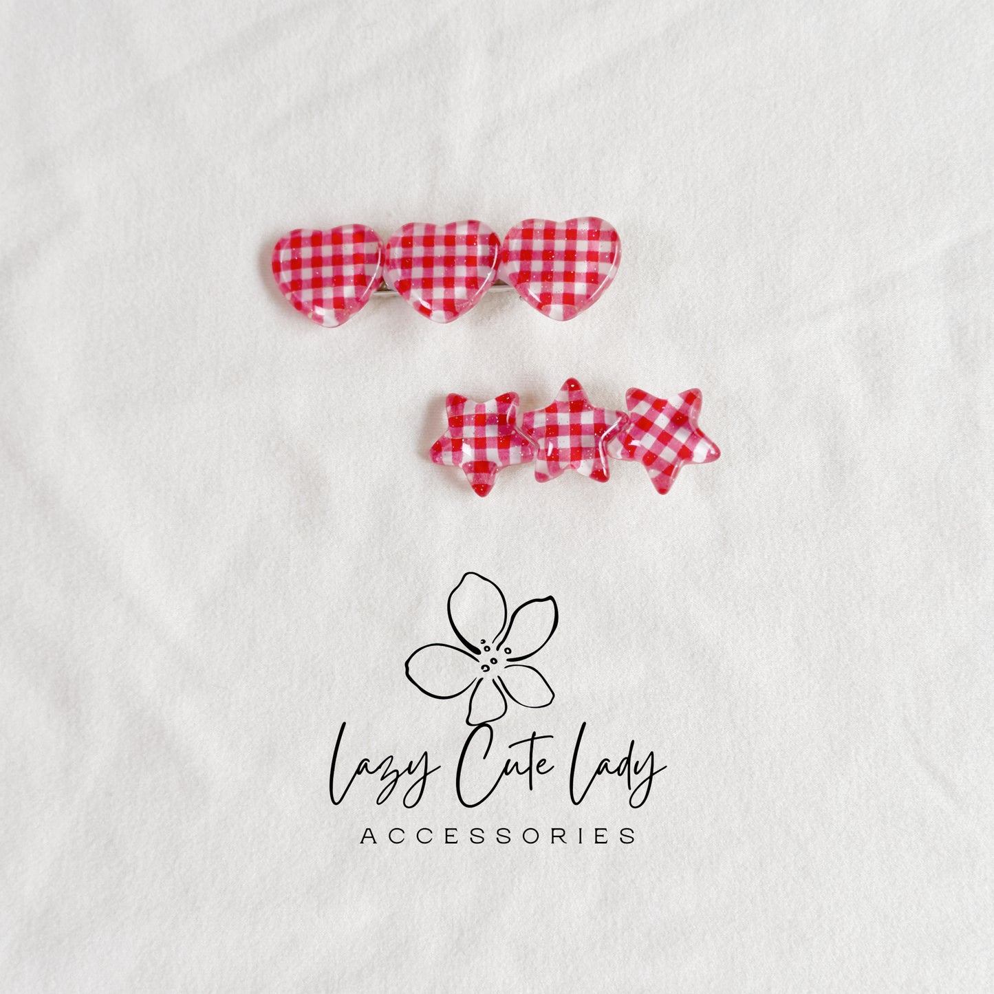 Red Gingham Star & Heart Hair Clips – Cute Retro Checkered Barrettes for Girls and Women-Gift-Y2K