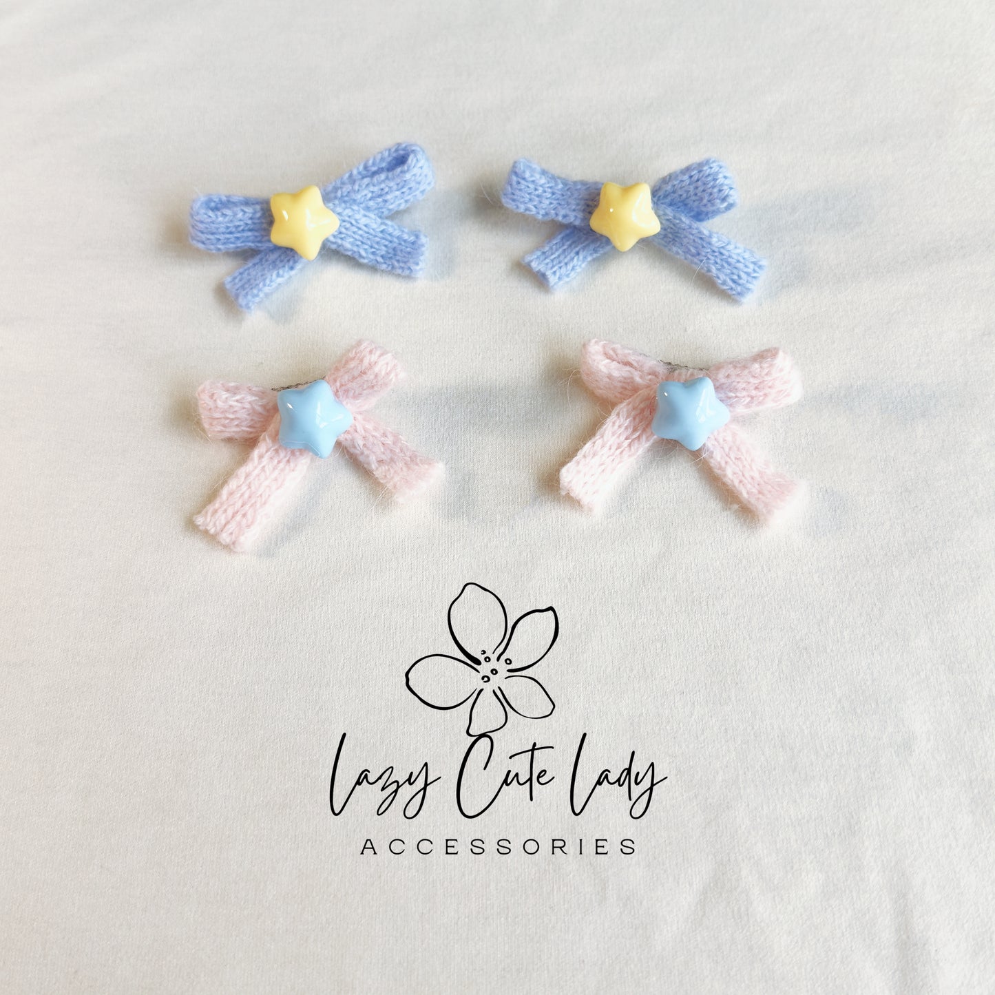 Knit Bow Star Hair Clips – Soft &amp; Cute Baby Girl Barrettes (Set of 2)