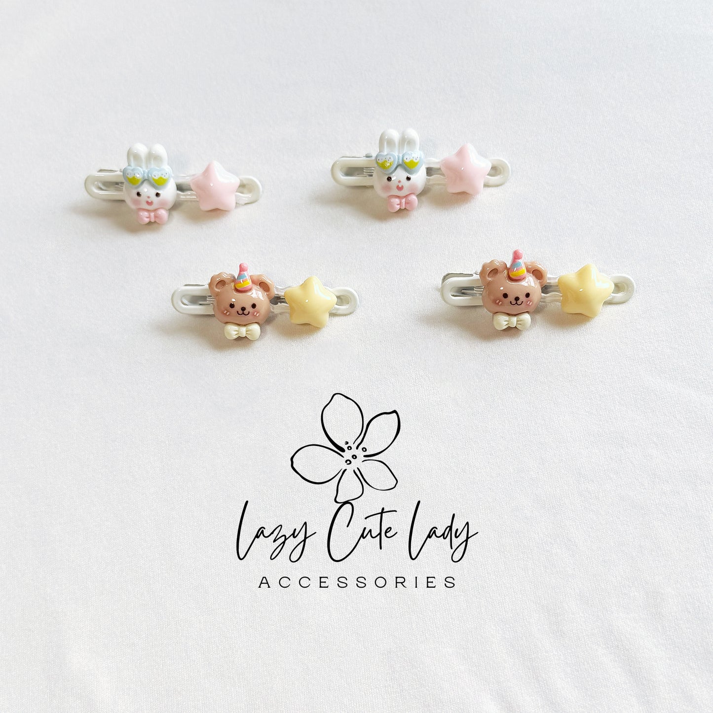 Kawaii Animal Star Hair Clips – Bunny &amp; Bear Snap Clips for Kids-Gift for her
