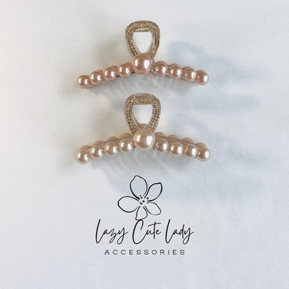 Elegant Pearl Hair Claw – Gold Rhinestone Handle Claw Clip (2 Pearl Colors)