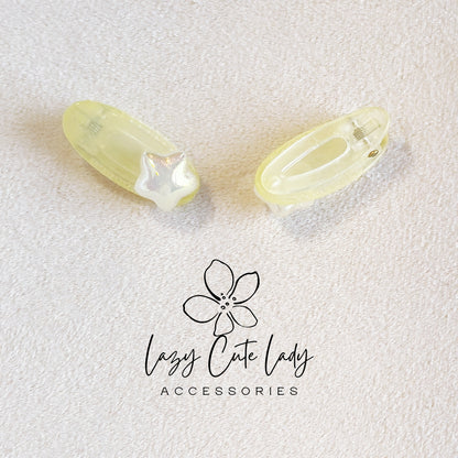 Mini Star Snap Hair Clips – Jelly Pastel Barrettes with Pearl Star (Set Options Available)