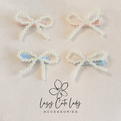 Velvet Pearl Bow Hair Clip – Coquette Style Barrette in Pink or Blue-Gift for her